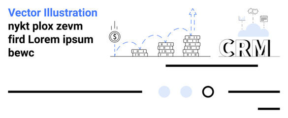 Coins, dollar sign, upward arrow, CRM text, cloud, binary code. Ideal for financial growth, CRM systems, business analytics, technology solutions, data management, digital transformation and online