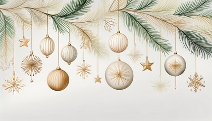 Beautiful gold and white christmas ornaments adorning pine branches, setting a festive holiday scene