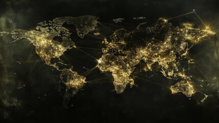 Leinwandbilder - Golden Glowing World Map With Network Connections