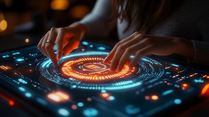 Wall Mural - Close-up of female hands interacting with a futuristic holographic interface on a tablet, illuminated with a warm glow.