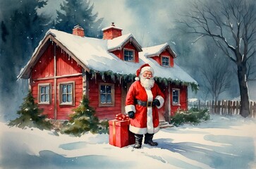 Vintage Christmas illustration of a Santa Claus, standing near a big gift box in front of a small cottage covered in snow. Retro style watercolor Xmas New Year winter seasonal post card artwork.