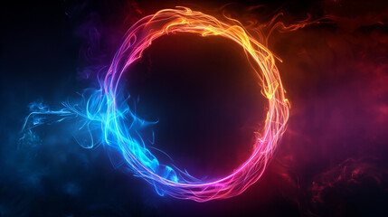 Vibrant neon flame circle with blue and orange colors on a black background. Generative AI