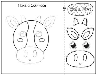 Wall Mural - Make a cow face black and white game for kids. Cut and glue educational activity page in outline. Matching game with farm animal. Vector illustration