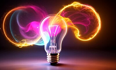 Wall Mural - incandescent lamp with colorful smoke, on a dark background. creative light bulb exploding with colo
