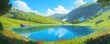 Idyllic mountain lake reflecting blue sky in green meadow