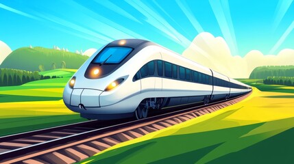 Poster - Modern Train on Scenic Railway Tracks in Bright Landscape