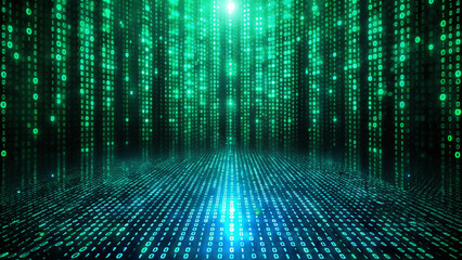 Green digital matrix background with data stream effect.