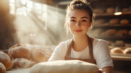 Wall Mural - A young baker smiles while shaping fresh bread in a warm, sunlit bakery filled with loaves on shelves