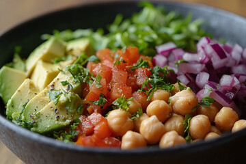 Wall Mural - a colorful vegan salad bowl with avocados, chickpeas, and fresh greens.