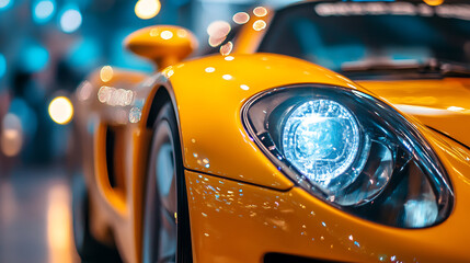 Fototapete - Close up of a yellow sport car headlights