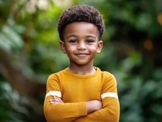 A smiling boy with curly hair, dressed in a yellow sweater, poses confidently against a lush green background.