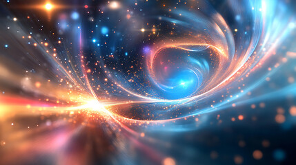 Poster - 3d rendering background with twisted particle strings and optical flares