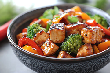 Wall Mural - tofu stir fry with colorful bell peppers and broccoli in a bowl.