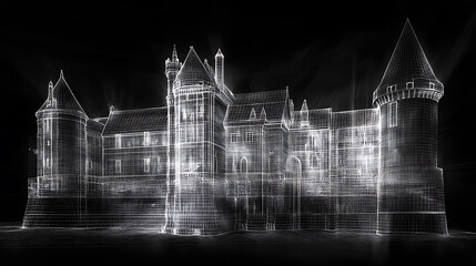 Aufkleber - 3d rendering, wire frame model of castle
