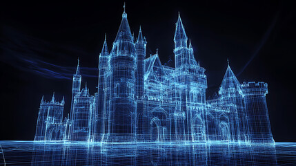 Aufkleber - 3d rendering, wire frame model of castle with blue light ray