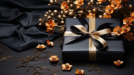 Wall Mural - Sophisticated black gift box with a golden ribbon and blank card, ideal for luxurious and special occasions.