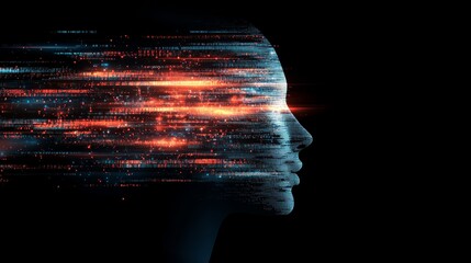 Wall Mural - digital transformation, woman's head with dynamic pattern reflecting technology's impact on identity