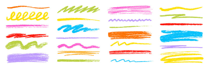 Aufkleber - Crayon brush color pencil underline. Crayon pencil line chalk highlight stroke. Vector hand drawn brush sketch element set for accent, texture emphasis paint. Color kid chalk vector illustration