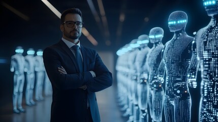 Fototapete - Businessman with Futuristic Robots in Modern Setting