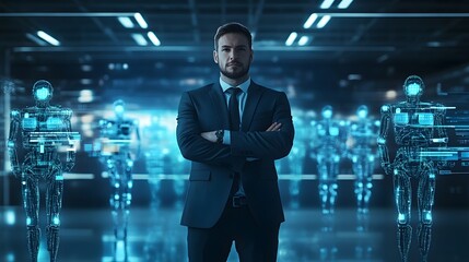 Fototapete - Professional Man Surrounded by Futuristic Robots