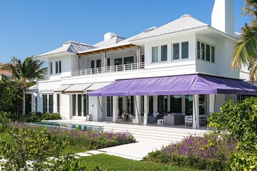 Wall Mural - Luxurious beachside home with a platinum roof and colorful awning.