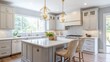 © Agus - Modern Kitchen Interior with White Cabinets, Island, and Gold Light Fixtures