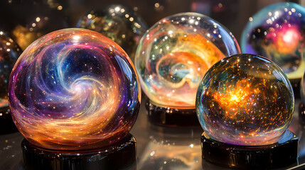 Wall Mural - Stunning cosmic designs captured in glass, revealing vibrant galaxies and nebulae in a surreal artistic display. Cosmic. Illustration
