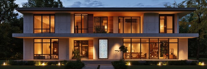 Wall Mural - Concrete facade two-story house at night with opal door and wood windows.