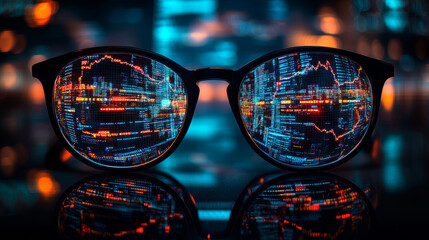 Wall Mural - glasses reflecting vibrant data visualizations, showcasing technology and innovation. colorful patte