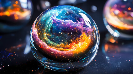 Wall Mural - Stunning cosmic designs captured in glass, revealing vibrant galaxies and nebulae in a surreal artistic display. Cosmic. Illustration