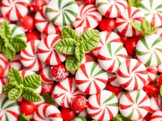 Peppermint candies arranged on a vibrant red background, seasonal, background