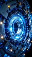 Wall Mural - a futuristic digital landscape featuring intricate blue circuitry and glowing elements, designed for