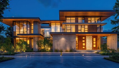 Wall Mural - Ultra-realistic modern living in a contemporary house at night with wooden windows and a pearl door.