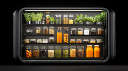 Wall Mural - A modern refrigerator filled with neatly organized jars of various ingredients, including herbs, spices, and liquids, showcasing vibrant array of colors and textures. sleek design emphasizes freshness