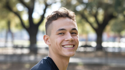 A smiling Hispanic teenage boy with short, curly hair enjoys a sunny day in the park, surrounded by leafy trees, radiating happiness and youthful energy.