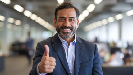 Wall Mural - Smiling South Asian man in a suit giving a thumbs-up in a modern office environment, conveying positivity and professionalism.