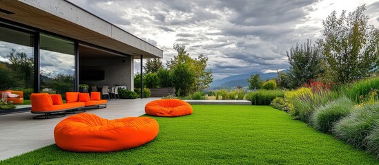 Wall Mural - Cloudy day view of bright orange furniture on a contemporary green lawn.