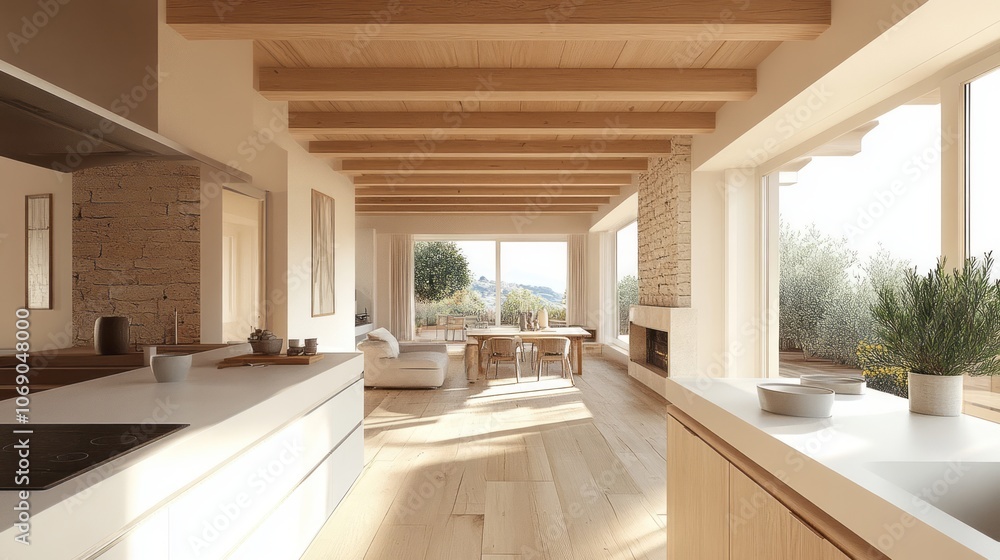 Modern Kitchen with Open Plan Living Space and Mountain View Stock ...