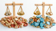 © Visual Art - Balanced scales with gold and silver coins on contrasting colorful rock piles