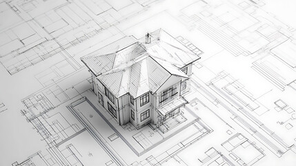 Fototapete - abstract architecture background blueprint house plan and wire frame model of building