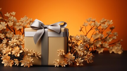 Autumn-inspired handmade gift box decorated with leaves on an orange background, perfect for cozy fall decor and seasonal gifting.