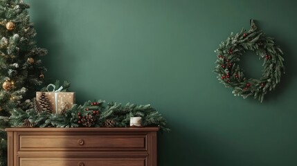 Wall Mural - A festive Christmas wreath hangs on a green wall, while a wooden dresser is adorned with pine branches and a gift.