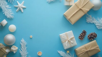 Wall Mural - A flat lay with gifts wrapped in brown and white paper, pine cones, and white ornaments on a blue background.