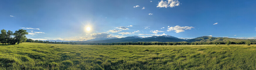 Poster - Panoramic view of vibrant landscape featuring lush green fields, mountains, and bright sun illuminating sky, creating serene and peaceful atmosphere