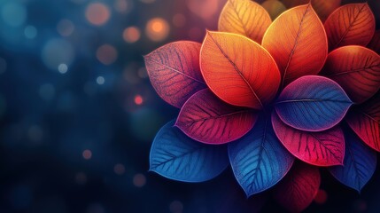 Wall Mural - Colorful leafy flower with a blue background. The flower is made up of many different colored leaves