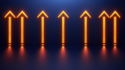 Wall Mural - series of glowing arrows pointing upwards. the arrows are lit up in orange and are arranged in a row