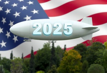 Wall Mural - displays landscape above background 2025 holographic blimp American floating flag