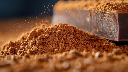 Close-Up Texture of Chocolate Bar on Cocoa Powder