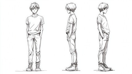 young male character design sketch in three angles