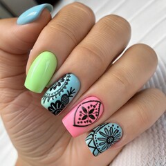 New trendy nail arts on young women's hand.beautiful pink, blue, green and black colour nails